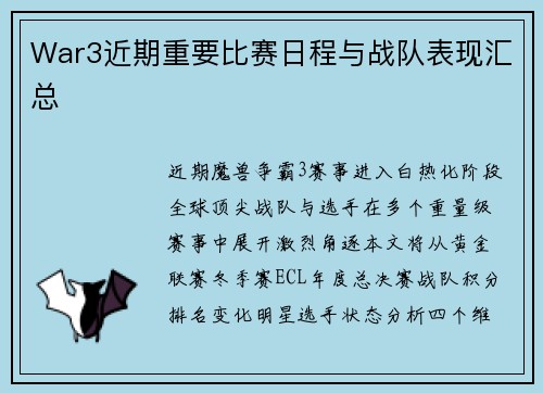 War3近期重要比赛日程与战队表现汇总
