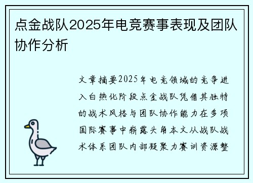 点金战队2025年电竞赛事表现及团队协作分析